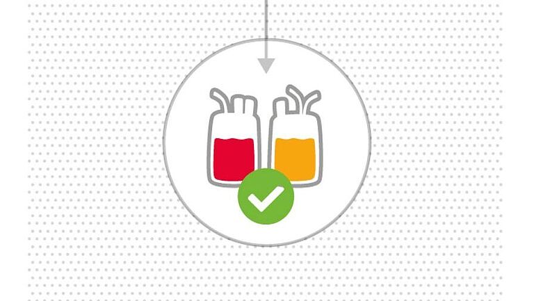Schritt 3 Rückkehr im Spendezentrum Icon mit zwei Beutelkonserven als Symbol für das Blut- und Plasmaspendezentrum